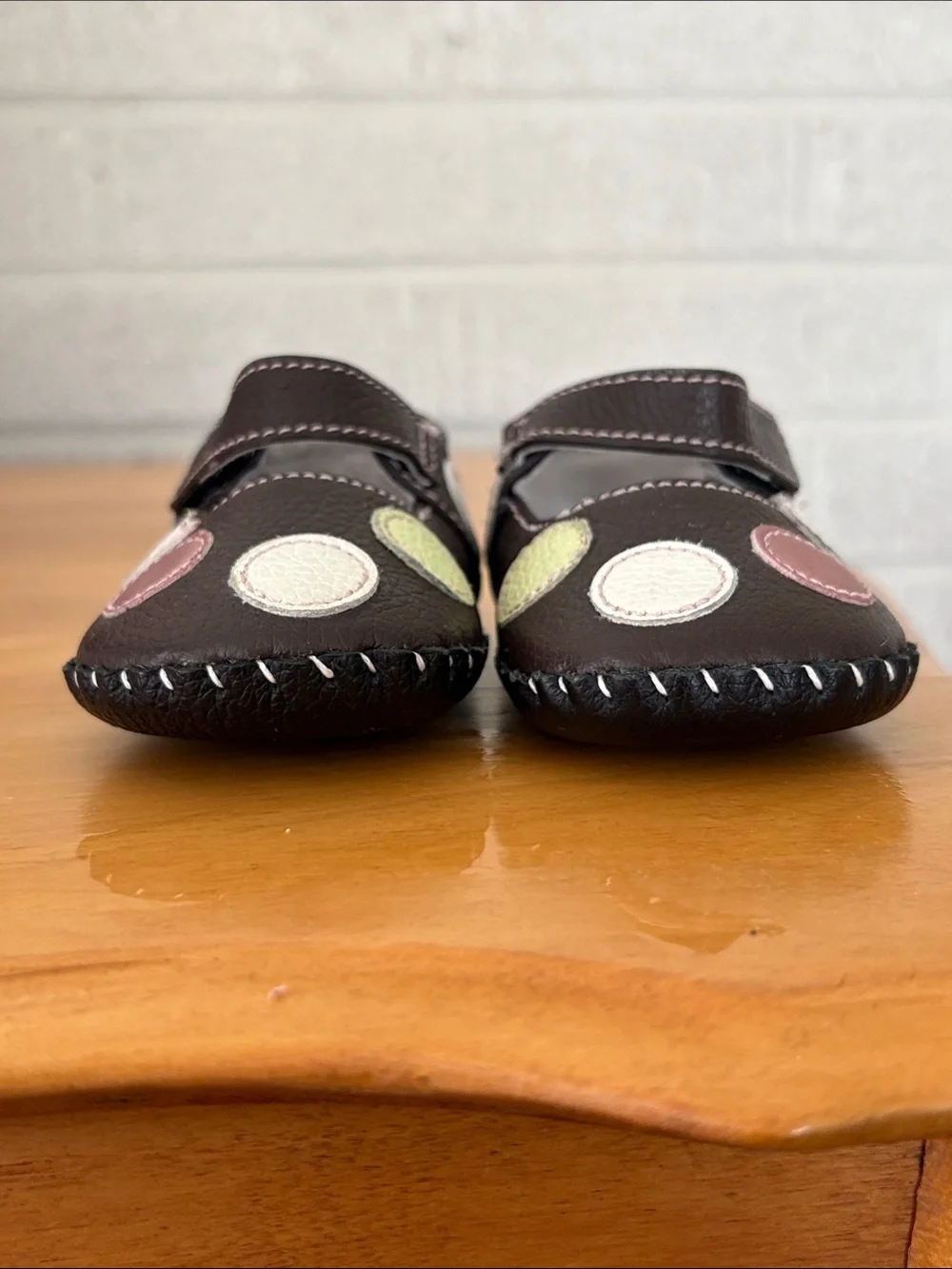 Pediped Baby Girl Faux Leather Polka Dot Brown Pink Soft Mary Jane Shoes 0-6 mo